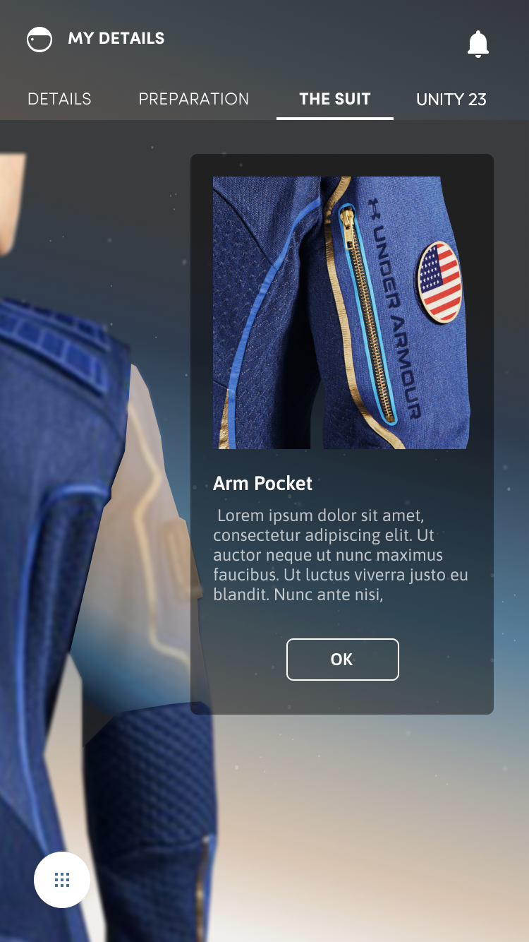The Suit: a callout describing the arm pocket
