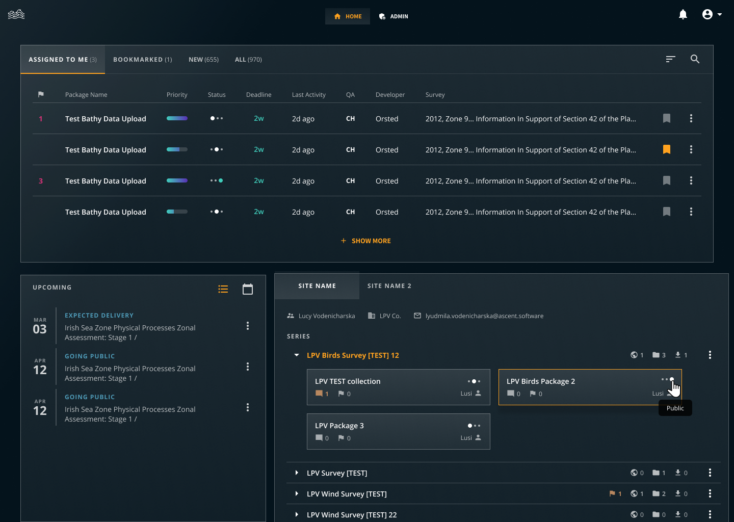 Home dashboard with the sites and series panel open